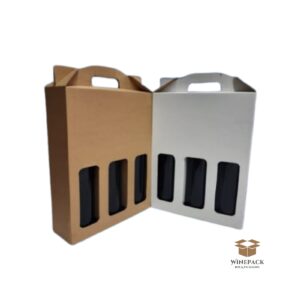 Cutie de carton maro cu maner si fereastra pentru 3 sticle